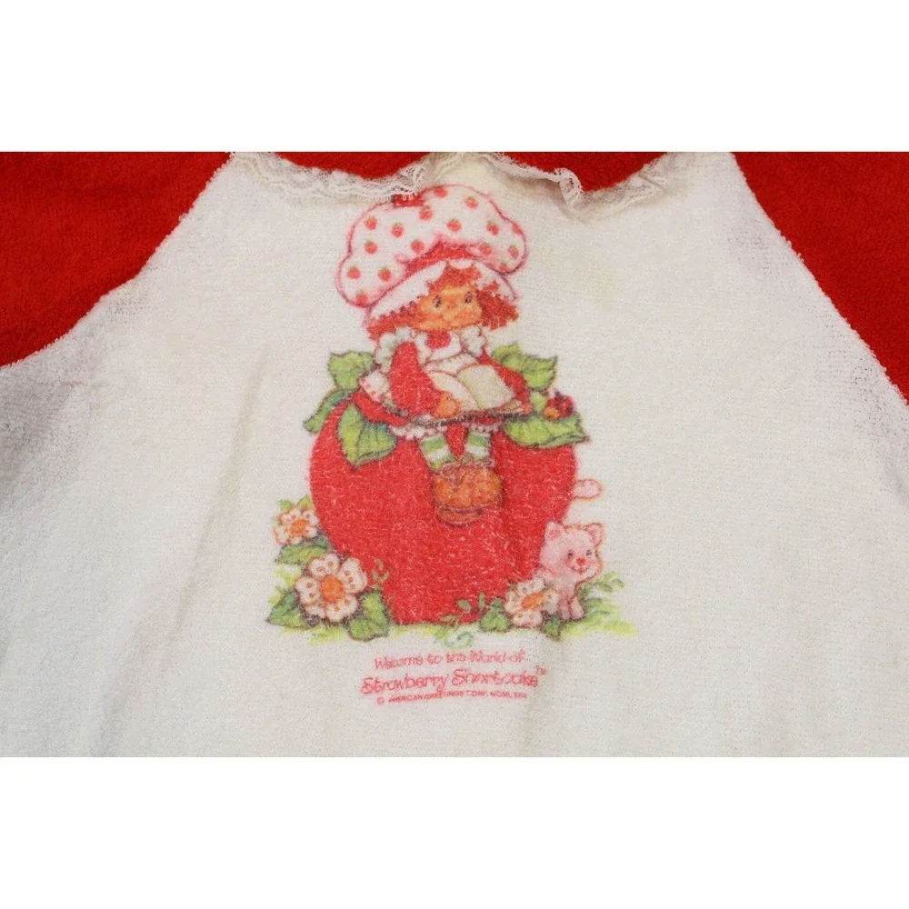 Vintage 80' Strawberry Shortcake White/Red Footed Pajamas Size‎ L Terry Cloth